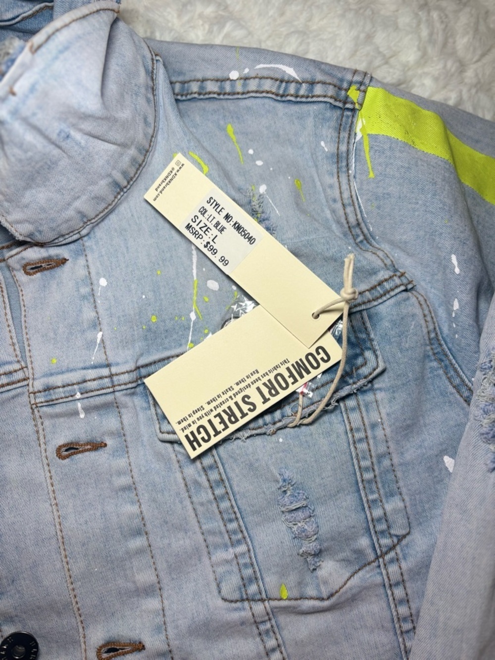 KDNK Light Wash Denim Jacket with Neon Yellow Accents - Picture 3 of 4